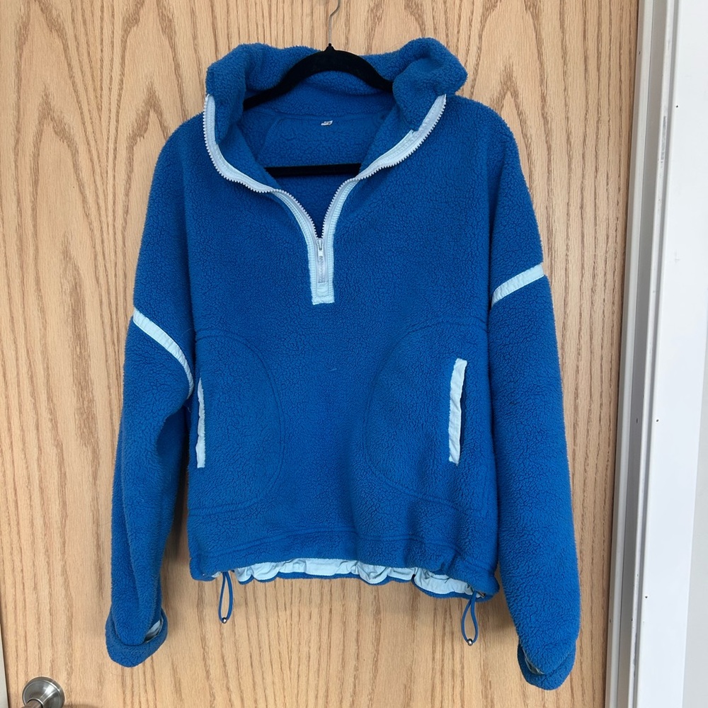 Blue Sherpa Half-Zip Hoodie with Contrast Trim
